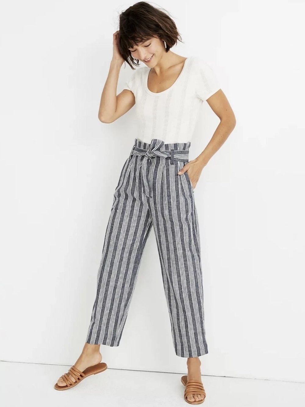Madewell Linen Blend Paperbag Pants Tapered Leg Deep Indigo Blue White Stripe 2